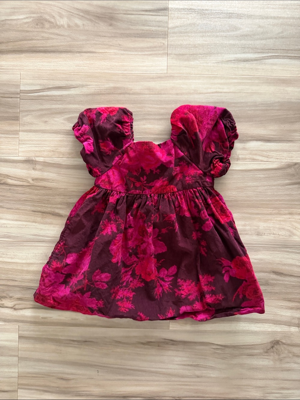 Gap 2T Girls Floral Puff-Sleeve Dress in Deep Pink and Burgundy